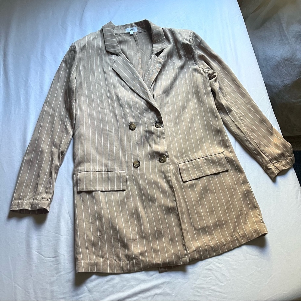 LPA tan pin stripe double breasted long‎ sleeve blazer jacket